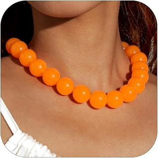 Colorful Chunky Beaded Necklace for Women Acrylic Bead Choker Necklaces Adjustable Large Round Beads Choker Necklaces Neon Resin Beads Necklace Handmade Summer Costume Party Jewelry