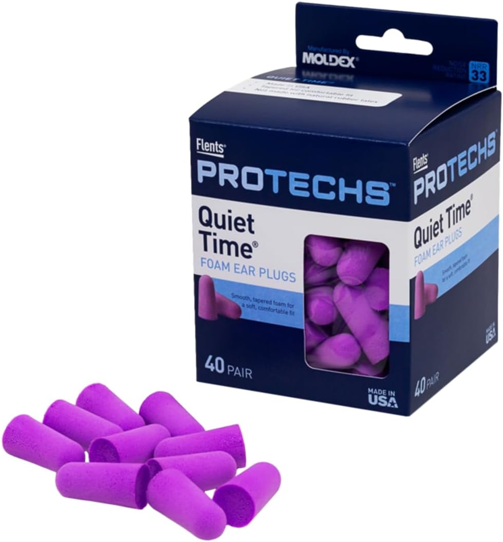 Flents Foam Ear Plugs, 40 Pair for Sleeping, Snoring, Loud Noise, Traveling, Concerts, Construction, & Studying, NRR 33, Purple, Made in The USA