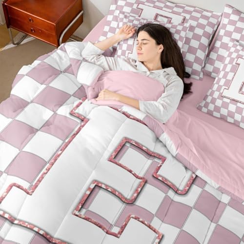 Image of Erosebridal Pink Initial E Full Comforter Set with Sheets 7 Piece Kawaii Plaid Checkered Bed in A Bag Cute Personalized Monogram Bedding Sets for Kids Girls Teen Women,Fashion Grids Gingham Bed Set