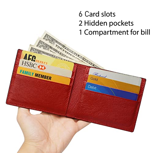 Image of HATA Red Ostrich Leather Bifold Wallet for Men, Double-Sided Ostrich Billfold with RFID Blocking, Handmade Leather Wallet Gift for Birthday, Anniversary, Father's Day VINAMOS-07