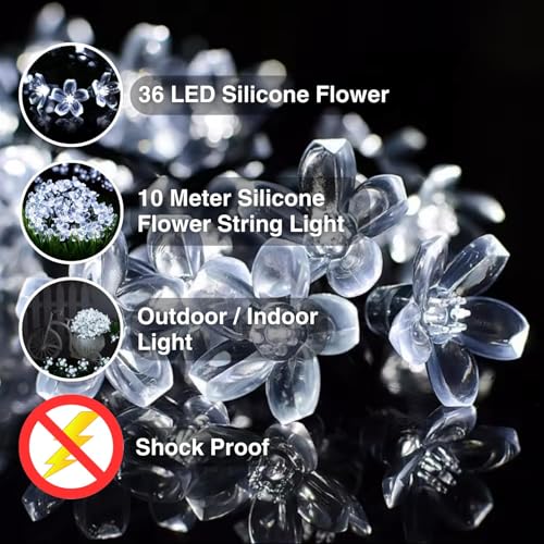 Image of One94Store 36 Feet Silicone Cherry Blossom Flower LED Fairy String Lights (36 LEDs) for Diwali Decoration, Home Decor, Window, Balcony, Pooja, Wedding, Christmas & Party, White | Made in India