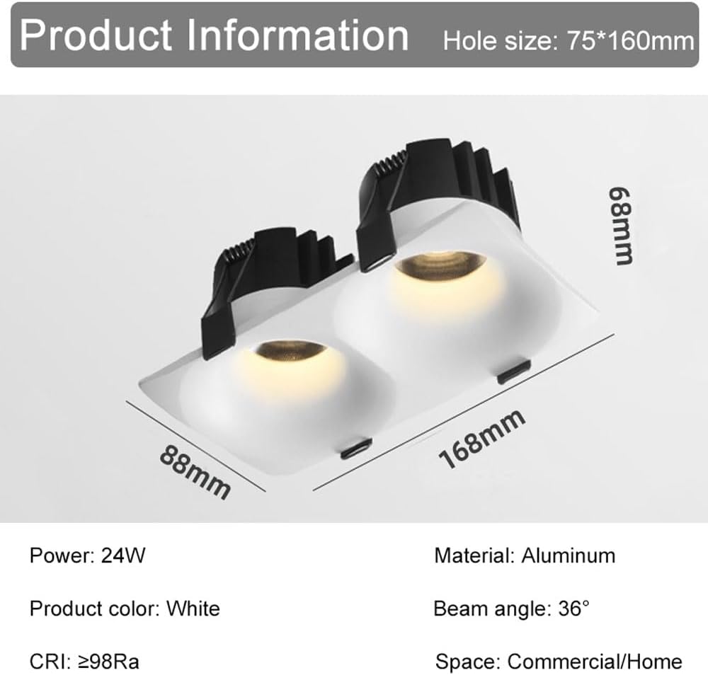Recessed Double Head Led Downlight, 24W Ceiling Lamps Spot Lights, Indoor Lighting Baffle Trim Recessed Downlight, 3 Color Dimmable Aluminum Downlight for Commercial Home