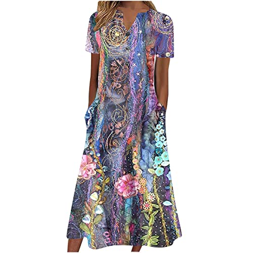Akivide Womens Short Sleeve Summer Boho Floral Maxi Dress Casual Loose Beach Dresses with Pockets