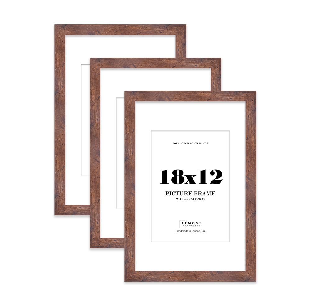 18x12 Rustic Wood Frame With Mount for A4 Pictures 28mm Edge Portrait and Landscape Display with Wall Hooks, 3 Pack