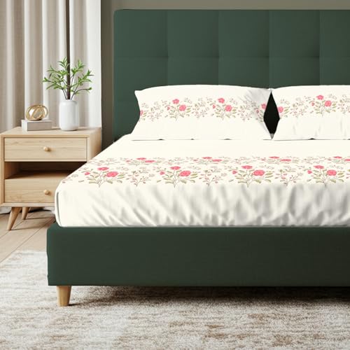 Image of Urban Space Serene 100% Cotton Bedsheet for Double Bed, Floral Queen Size Bed Sheet with 2 Pillow Covers (88 x 100 Inches, Poppy Bloom)