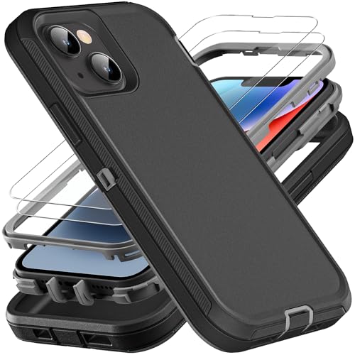 YKHJKLEC for iphone 13 Case/iphone 14 Case, Military Grade 3 in 1 Heavy Duty Shockproof/Drop Proof/Dust Proof Case with 2Pcs Tempered Glass Screen Protector (Black/Grey)