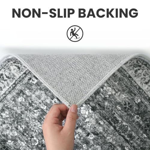 3x5 Moss Charcoal Washable Rug for Entryway, Soft Distressed Floral Rug with Non-Slip, Low-Pile Vintage Neutral Area Rugs for Living Room Nursery Bedroom, Dorm Carpet with Non-Shedding