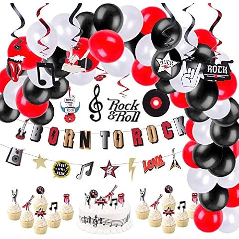 SUNBEAUTY Rock Roll Party Decoration Music Birthday Party Decoration Kit Balloons Black Red Rock Party Banner Swirls Cake Toppers for Adult 50th 60th 70th 90th Birthday Party Supplies Cover