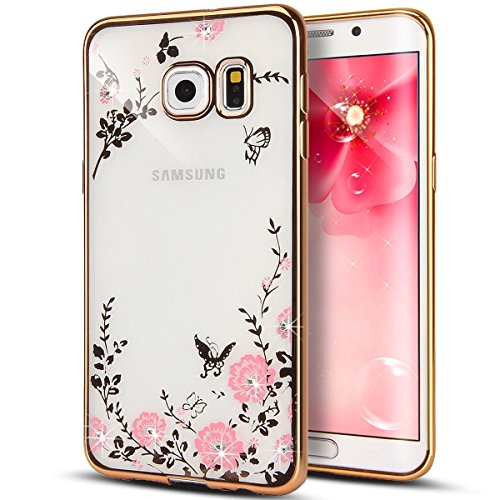 [Secret Garden] HAOTP(TM) Beauty Luxury Butterfly Floral Flower Diamonds Shiny Plating Frame Plating Bumper Soft Flexible TPU Transparent Skin Case for Samsung Galaxy NOTE 5-Swarovski (Gold/Pink)