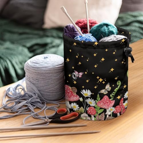 Image of Sellikakes Yarn Bag Crochet Storage Organizer with Drawstring, Mushroom Daisy Crocheting Storage Bag Organizer Yarn Holder for Crocheting Project Store Skein Ball, Short Knitting Needle