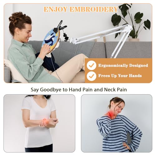 Image of Adjustable Embroidery Hoops Stand for Hand Work,Cross Stitch Frame with 360 Rotation, Embroidery Desktop Stand Suitable for Embroidery Kit,3-in-1 Hoop /Tablet /Phone Holder Floor&Desktop Stand（White）