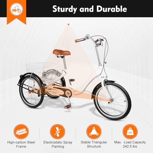 Tesugn Driewieler voor volwassenen, 20 inch (51 cm), opvouwbaar, met boodschappenmand, 3 wielen, cruise bikes, city, fiets voor volwassenen, senioren - Afbeelding 3