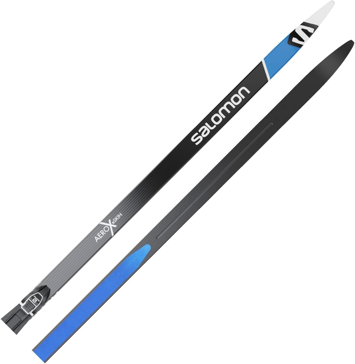 תַחתִית view of a Salomon AEROX eSKIN ski, highlighting the eSKINGRIP+ skin zone.