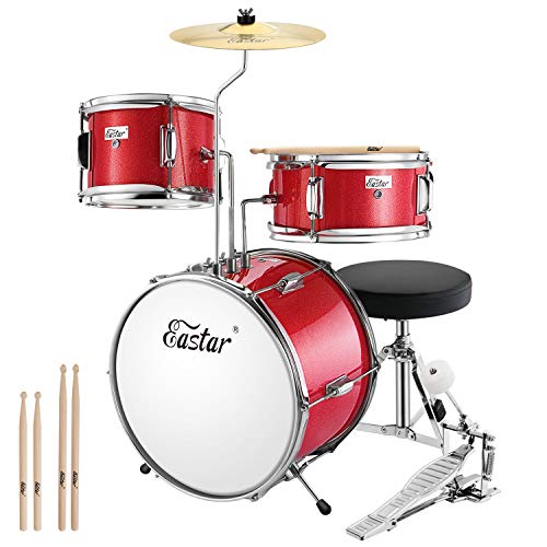 Drum Set Eastar 14 inch Drum Kit for Beginners, 3-Piece with Adjustable Throne, Cymbal, Pedal & Two Pairs of Drumsticks, Junior Drum Set with Bass Tom Snare Drum, Drum Kit for Beginners, Metallic Red