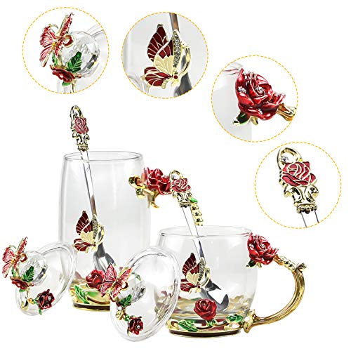 Novelty Cups Butterfly Flower Lead-Free Glass Coffee Mugs Tea Cup With Lid Steel Spoon Set, Personalised Gifts For Women Wife Mom Friends Birthday Mothers Valentines Day Wedding (Rose Cup Set) #TOP2