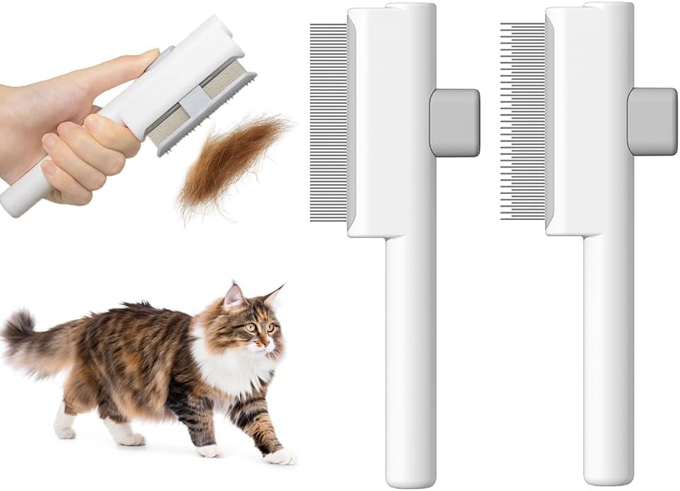 Marchul 2Pcs Cat Comb Dog Combs Set, Self-Cleaning Flea Comb for Cats and Dogs, Cat Grooming Brush with Release Button and Stainless Steel Metal Round Teeth for Removing Matted & Loose Fur, White Marchul 2Pcs Cat Comb Dog Combs Set, Self-Cleaning Flea Comb for Cats and Dogs, Cat Grooming Brush with Release Button and Stainless Steel Metal Round Teeth for Removing Matted & Loose Fur, White