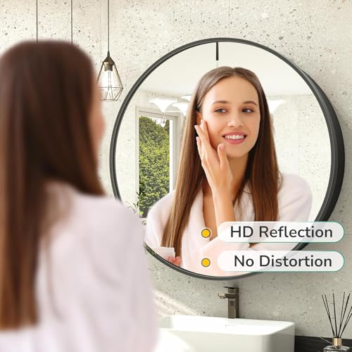 Image of iSTAR Round Wall Mirror with Storage Shelf | Bathroom Vanity with Hidden Cabinet Organizer | Modern Wall Mounted for Bathroom, Bedroom - Black