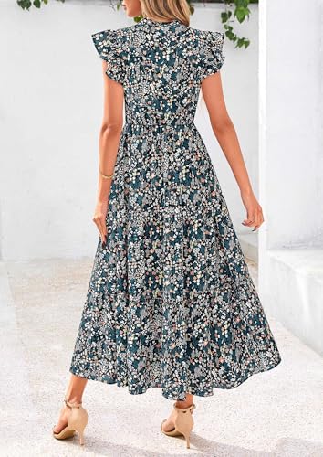 Image of PRETTYGARDEN Women's 2026 Summer Floral Midi Dress Cap Sleeve V Neck Ruffle Long Flowy Boho Casual Beach Vacation Dresses