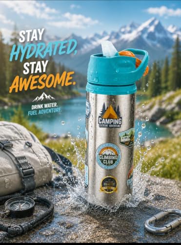 Image of Stainless Steel 600ML Sipper Water Bottle for kids & adults | Leakproof BPA Free School Water Bottle | Camping Adventure Print Steel Sipper Bottle (Pack of 1, Green)
