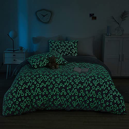 Powdion Glow In The Dark Velvet Duvet Cover With Star And Planet Pattern Grey Flannel Twin Bedding Duvet Cover Sets 2 Pieces For Kids Boy And Girl, Soft Cozy Velvet Comforter Cover Twin 68''X90'' #TOP3