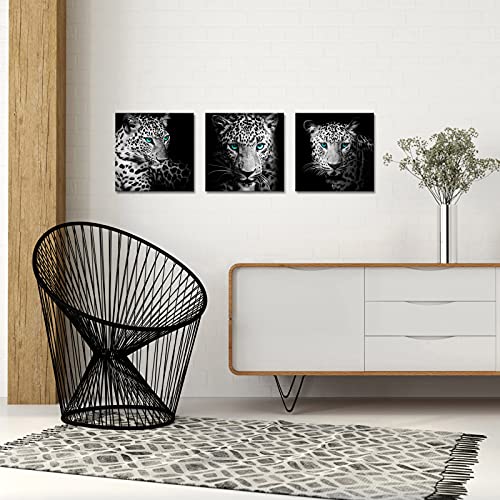 Artkissmore Leopard Canvas Wall Art 3 Piece Black White Teal Eyes Animal Picture Prints On Canvas For Modern Home Office Bathroom Kid Boy Room Decor Stretched Framed12X12Inchx3 Panel #TOP1