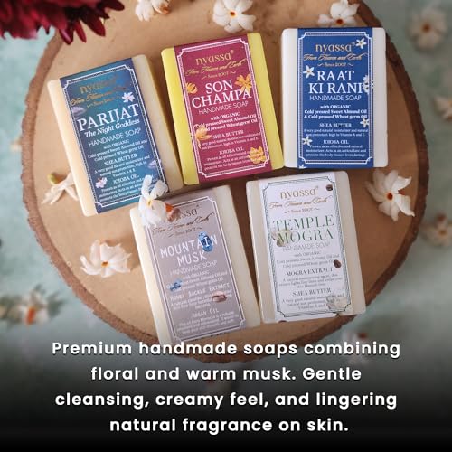 Image of Nyassa Handmade Soap Set | Pack of 5 x 75g | Parijat, Son Champa, Temple Mogra, Raat Ki Rani, Mountain Musk | Luxurious Fragrance Bath Soap Set