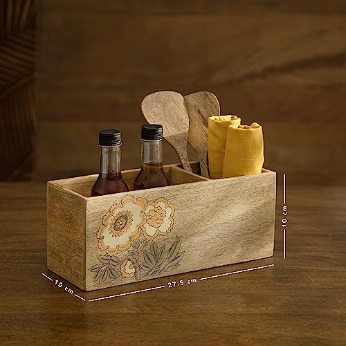 Image of Ellementry Fleur D'or Wooden Cutlery Holder, Fork Stand for Spoon, Knife & Chopstick | Utensil Organizer for Kitchen and Dining Table, Handcrafted Tableware Storage Box for Spoons