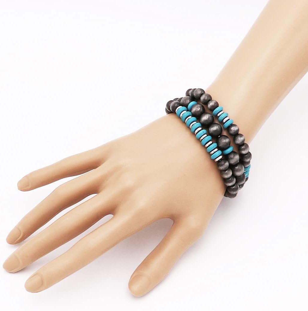 Rosemarie & Jubalee Women's Set of 3 Western Metallic Bead And Howlite Stone Stretch Bracelets, 6.75"