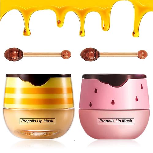 2 mascarillas de bálsamo labial de abeja con miel y fresa para dormir, máscara de labios hidratante de propóleos, bálsamo labial, hidratante y