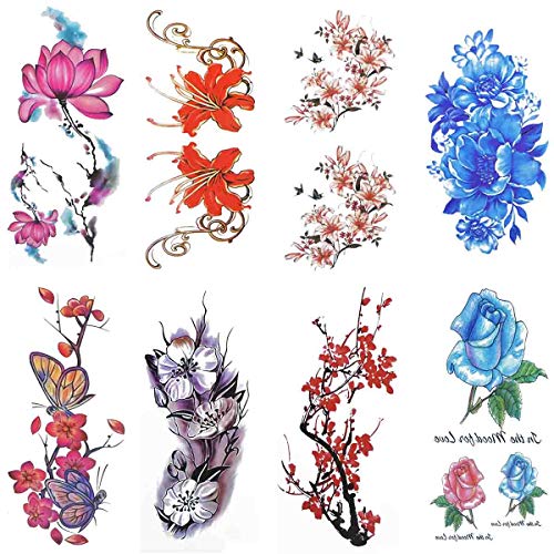 COKOHAPPY Large 8 Sheets Watercolor Temporary Tattoos for Girls Women Plum Lotus Chrysanthemum Peony Rose Lily Peach Arm Shoulders Waist Chest Back Night Show