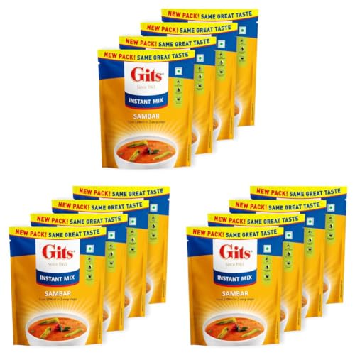 Image of Gits Instant Sambhar Breakfast Mix, Makes 1200ml per Pack, Pure Veg, South Indian Recipe 400g (Pack of 12, 100g Each)