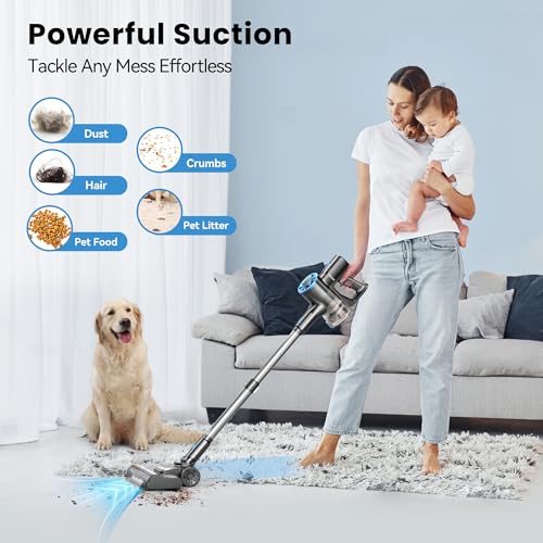 Vazone Cordless Vacuum Cleaner, Lightweight Stick Vacuum Cleaner with Self-Standing, Rechargeable Battery and LED Display, Vacuum Cleaners for Home Hardwood Floor-Blue