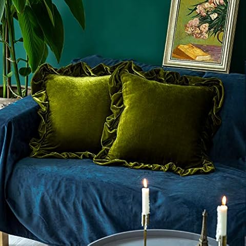 GLORY SEASON Velvet cushion cover, soft, decorative, luxurious, solid, square, for sofa, couch, bedroom, farmhouse, 45 x 45 cm, olive green Cover