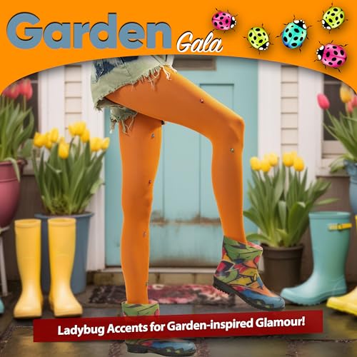 Image of Opaque Tights for Women - High-Waisted Colorful Orange Tights Adorned with Multicolored Ladybugs - Solid Footed Sheer Colored Tights One Pair (5'3''-5'11'' / under 132lbs), 6-8