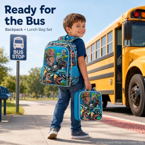 Image of 3PCS Dinosaur Backpack for Boys, 16 Inch Kids Water Resistant Preschool Elementary Kindergarten Bookbags and Lunch Box | Kids