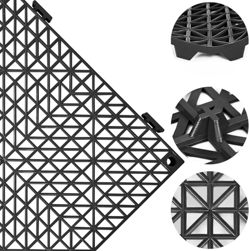 Image of ToLanbbt Modular Interlocking Cushion 24P 11.8 inch x 11.8 inch Interlocking Rubber Floor Drain Holes Non-Slip Splicing Drainage Mats for Deck, Shower, Kitchen, Drain Pool, Sauna Bath, Indoor Outdoor (Black)