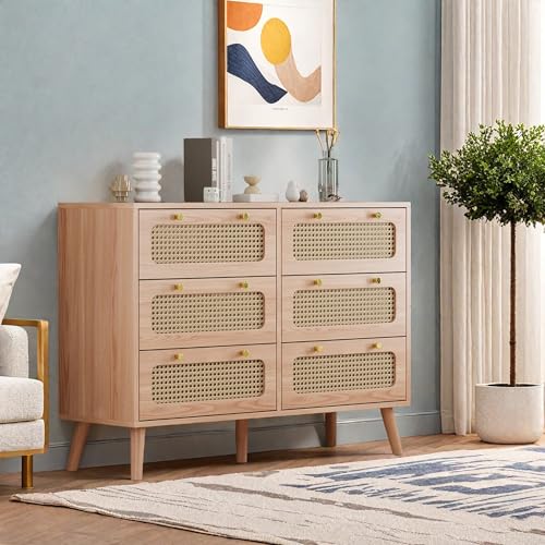 Aneutr Rattan Kommode mit 6 Schubladen, Kommode Sideboard...