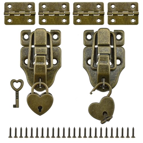 Aifeier ET 2 Sets Retro Style Duckbilled Toggle Hasp Latch Heart-Shaped Padlock and Antique Folding Flush Hinge Kit with Mounting Screws for Jewelry Box Crate Furniture Decoration-Bronze