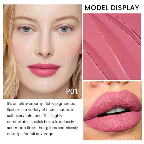 Image of evpct 1Pcs Warm Pink Lipstick, Silky Velvet Matte Lipstick Pack Sets for Women, Long Lasting Smudge Proof Lipsticks Lip Stain Makeup Kit matte lipstick 24 hours original P01