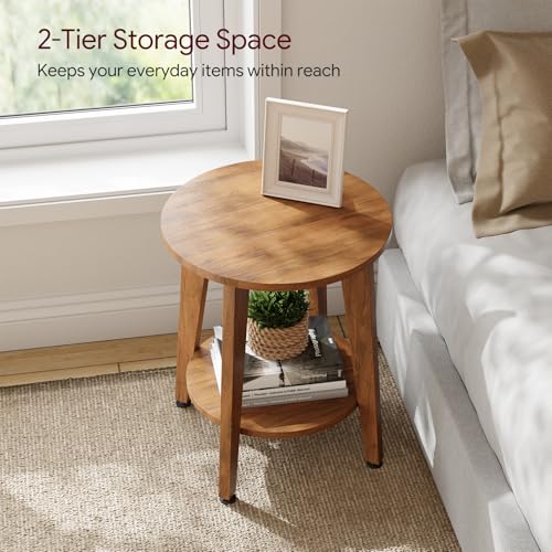 Image of Simple Trending Round Side Table, Small End Table, Nightstand Bedside Table with Tapered Legs, for Living Room, Rustic Walnut