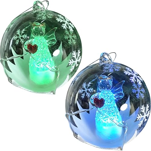 Angel Holding Red Heart Lighted Christmas Ball Ornament - Hand Painted Glittery Snowflakes - Color Changing Lights - 4 Hour Timer - 4