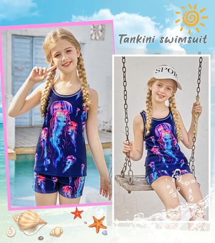 Image of UNIFACO Girls Swimsuits Two Piece Tankini Bathing Suits Boyshort Summer Beach Rash Guard Swimwear for 4-13T