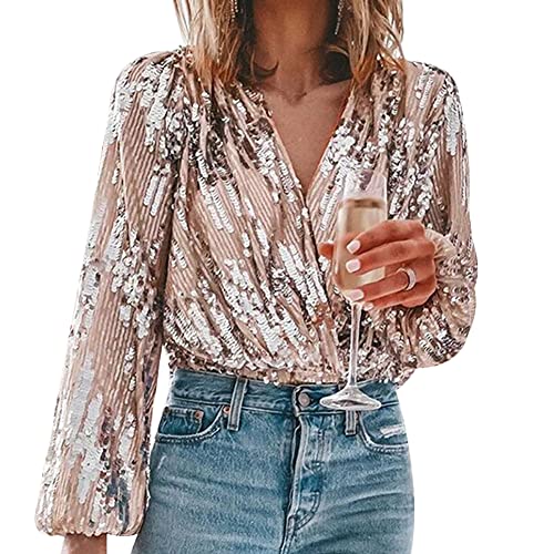 Women's Sexy V Neck Sequin T-Shirt Long Sleeve Elegant Solid Slim Shirt Streetwear Top