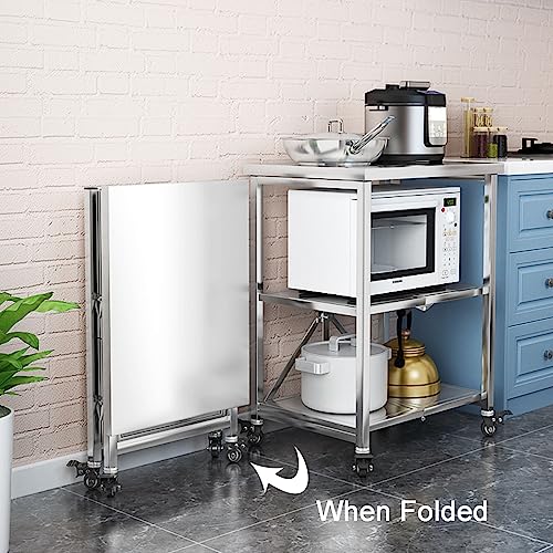 Carrito de cocina de acero inoxidable de 3 niveles con ruedas bloqueables, plegable y versátil, perfecto para catering y hoteles, color negro, 60 x 45 x 80 cm
