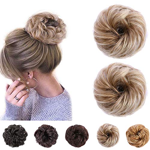 Hair Bun Extension 2PCS Thick Blonde Chignon Hairpiece Wavy Curly Hair Scrunches for Women Ladies Girls