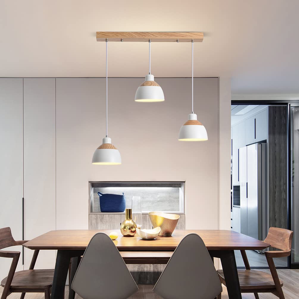 Retro Holz Hängeleuchte 3-Flammig Esstischlampe Weiß Metall Pendelleuchte Industrie Höhenverstellbar Hängelampe für Esszimmer Küche Cafe Theke Innen Büro Pendellampe,E27