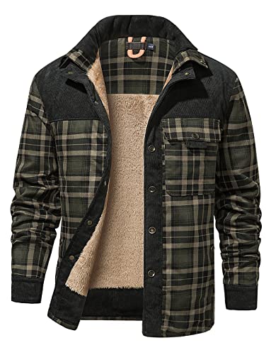 Haellun Men's Long Sleeve Sherpa Lined Shirt Jacket Flannel Plaid Fleece Coats (X-Large, Army green)