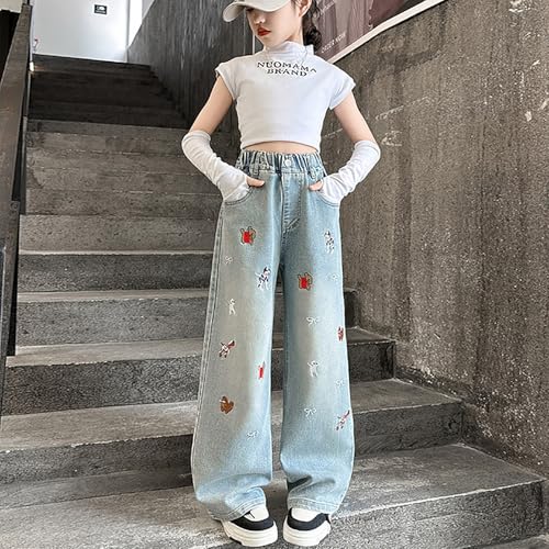 Girls Jeans Baggy Wide Leg Denim Pants Kids Cute Embroidered Elastic Straight Trousers Trendy Preppy Y2k Streetwear3
