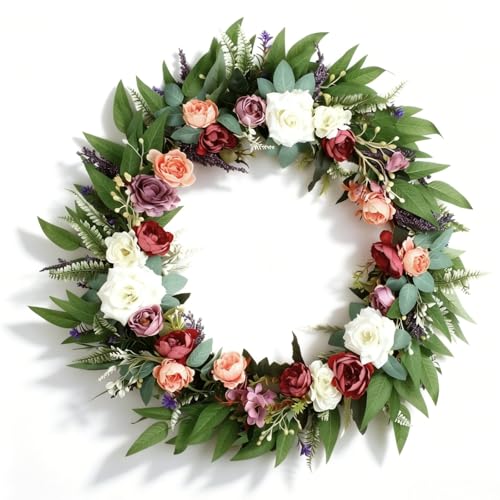 Jorivel 32 Inch Eucalyptus Wreaths with Roses Hydrangeas Lavender Berries Salal Leaves Ferns Dusty Miller Green Summer Spring Wreaths for Front Door Large Wreath for Porch Decor