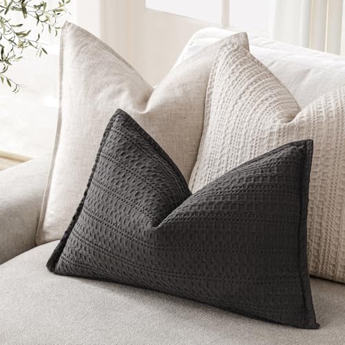 Image of Foindtower Set of 2 Decorative Cotton Waffle Weave Lumbar Throw Pillow Covers Euro Sham Cushion Covers Accent European Pillowcase For Bed Couch Sofa Bedroom Living Room Home Decor 12x20 Inch Dark Grey